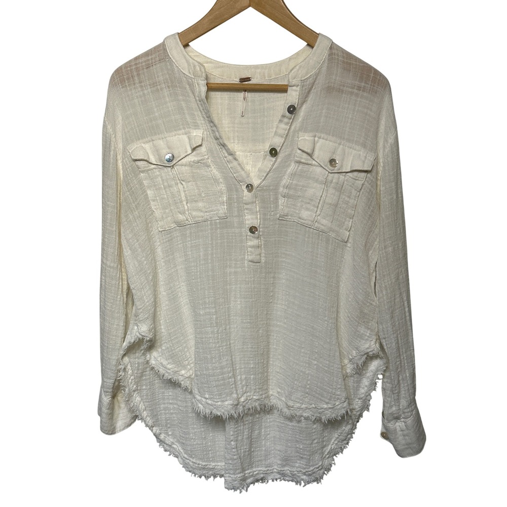 Free People Talk to Me Gauze Hi-Lo Frayed Hem Top Ivory‎ Sz XS Retail: $98 EUC
